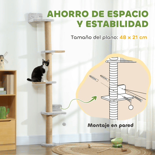 PawHut Arranhador para Gatos de Parede de 5 Níveis Estreito com Bola de Brinquedo e Arranhadores de Sisal 48x21x180 cm Cinza Claro