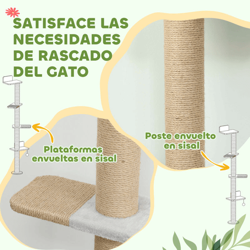 PawHut Arranhador para Gatos de Parede de 5 Níveis Estreito com Bola de Brinquedo e Arranhadores de Sisal 48x21x180 cm Cinza Claro