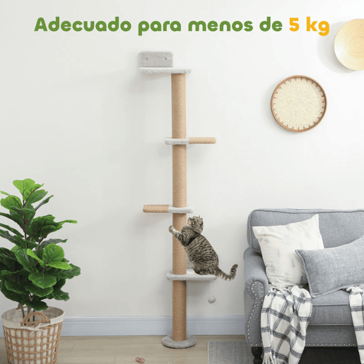 PawHut Arranhador para Gatos de Parede de 5 Níveis Estreito com Bola de Brinquedo e Arranhadores de Sisal 48x21x180 cm Cinza Claro