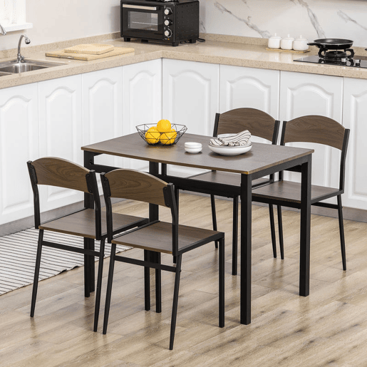 HOMCOM Conjunto de Mesa e Cadeiras de Refeição Mesa de Cozinha Retangular com 4 Cadeiras Estilo Moderno Estrutura Metálica para Espaços Pequenos Castanho Escuro e Preto