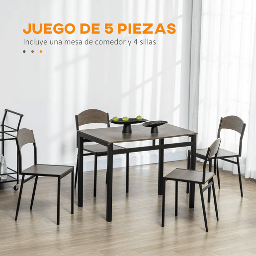 HOMCOM Conjunto de Mesa e Cadeiras de Refeição Mesa de Cozinha Retangular com 4 Cadeiras Estilo Moderno Estrutura Metálica para Espaços Pequenos Castanho Escuro e Preto