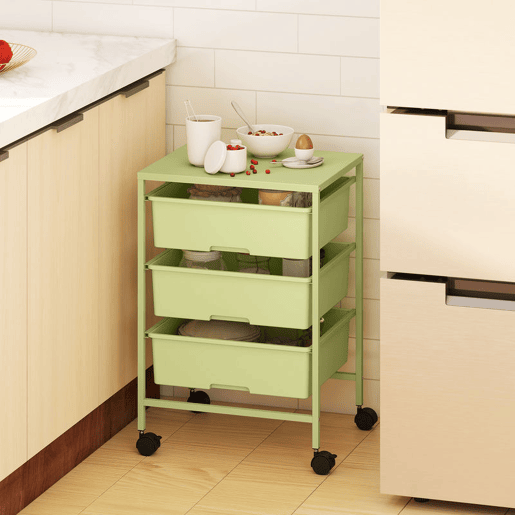 HOMCOM Carrinho Auxiliar com Rodas Carrinho de Cozinha de 3 Níveis com 3 Cestos para Armazenamento e Estrutura de Aço para Sala de Jantar Banheiro 40,8x33,5x60,5 cm Verde