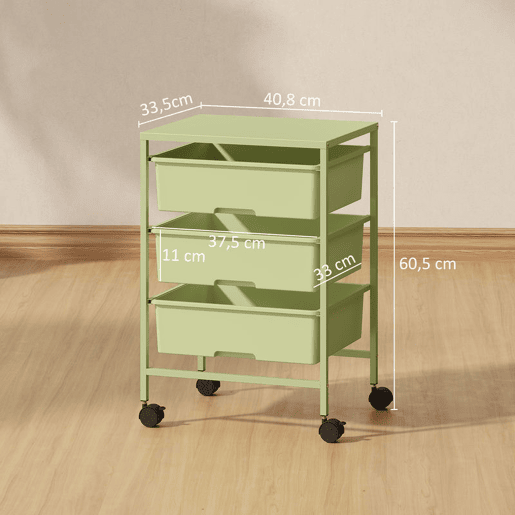 HOMCOM Carrinho Auxiliar com Rodas Carrinho de Cozinha de 3 Níveis com 3 Cestos para Armazenamento e Estrutura de Aço para Sala de Jantar Banheiro 40,8x33,5x60,5 cm Verde