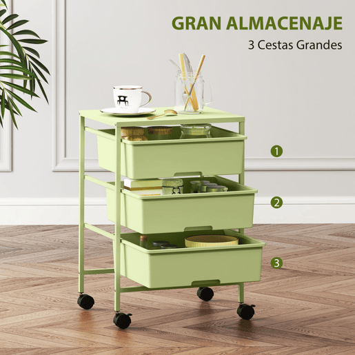 HOMCOM Carrinho Auxiliar com Rodas Carrinho de Cozinha de 3 Níveis com 3 Cestos para Armazenamento e Estrutura de Aço para Sala de Jantar Banheiro 40,8x33,5x60,5 cm Verde