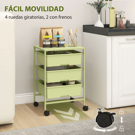 HOMCOM Carrinho Auxiliar com Rodas Carrinho de Cozinha de 3 Níveis com 3 Cestos para Armazenamento e Estrutura de Aço para Sala de Jantar Banheiro 40,8x33,5x60,5 cm Verde