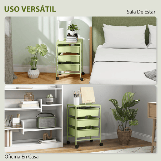HOMCOM Carrinho Auxiliar com Rodas Carrinho de Cozinha de 3 Níveis com 3 Cestos para Armazenamento e Estrutura de Aço para Sala de Jantar Banheiro 40,8x33,5x60,5 cm Verde