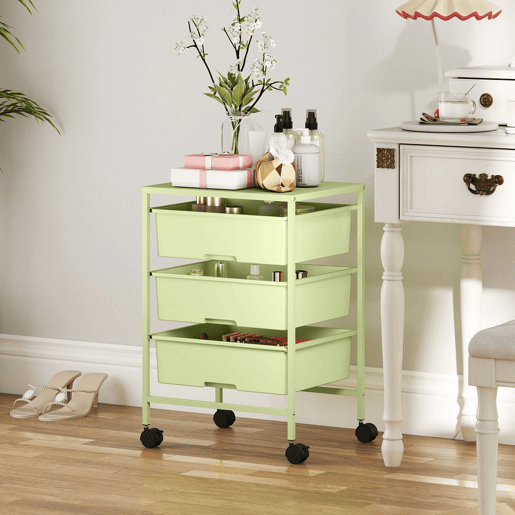 HOMCOM Carrinho Auxiliar com Rodas Carrinho de Cozinha de 3 Níveis com 3 Cestos para Armazenamento e Estrutura de Aço para Sala de Jantar Banheiro 40,8x33,5x60,5 cm Verde