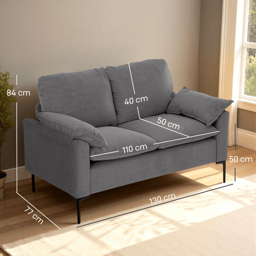 HOMCOM Sofá de 2 Lugares Revestido em Veludo Sofá Moderno com Pés de Metal Apoios de Braços Acolchoados para Sala Quarto Escritório 130x77x84 cm Cinza