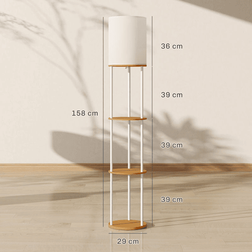 HOMCOM Candeeiro de Pé com Prateleiras Candeeiro com 3 Temperaturas de Cor Controlo Remoto Casquilho E27 para Sala de Estar Quarto Escritório Ø29x158 cm Madeira