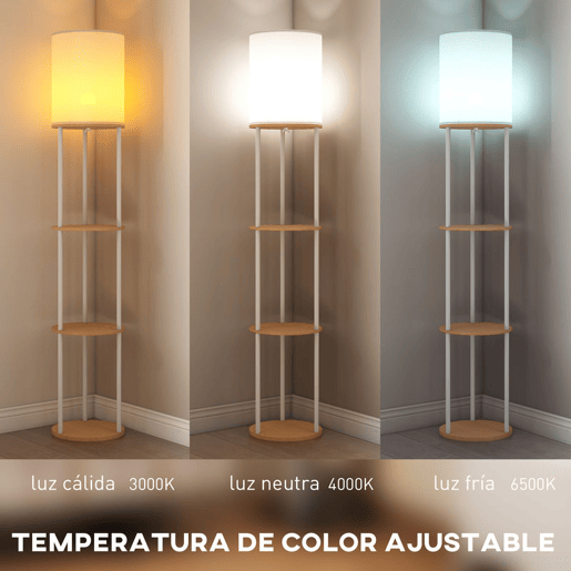 HOMCOM Candeeiro de Pé com Prateleiras Candeeiro com 3 Temperaturas de Cor Controlo Remoto Casquilho E27 para Sala de Estar Quarto Escritório Ø29x158 cm Madeira