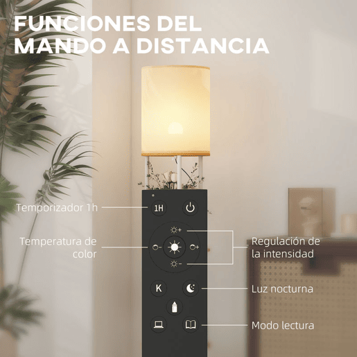 HOMCOM Candeeiro de Pé com Prateleiras Candeeiro com 3 Temperaturas de Cor Controlo Remoto Casquilho E27 para Sala de Estar Quarto Escritório Ø29x158 cm Madeira
