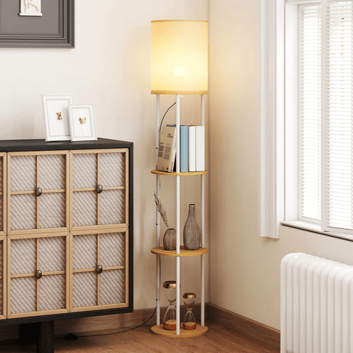HOMCOM Candeeiro de Pé com Prateleiras Candeeiro com 3 Temperaturas de Cor Controlo Remoto Casquilho E27 para Sala de Estar Quarto Escritório Ø29x158 cm Madeira