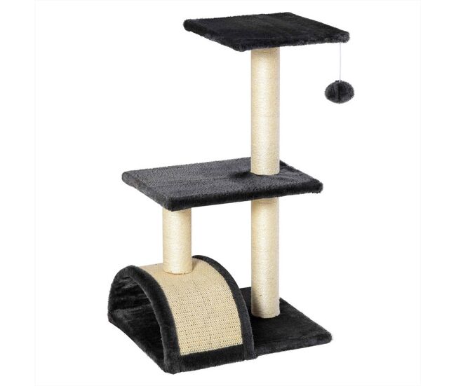 Pawhut árbol rascador para gatos mediano, árbol para gatos de 3 niveles con alfombra rascadora en arco, 2 plataformas, postes de sisal y bola colgante