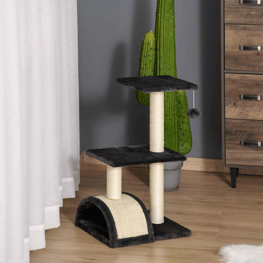 PawHut Árvore para Gatos Média, Arranhador de 3 Níveis com Tapete Arranhador em Arco, 2 Plataformas, Postes de Sisal e Bola Pendurada, Cinza Carvão
