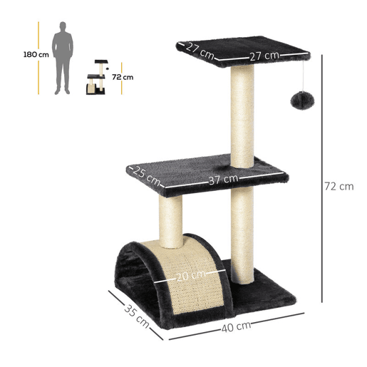 PawHut Árvore para Gatos Média, Arranhador de 3 Níveis com Tapete Arranhador em Arco, 2 Plataformas, Postes de Sisal e Bola Pendurada, Cinza Carvão