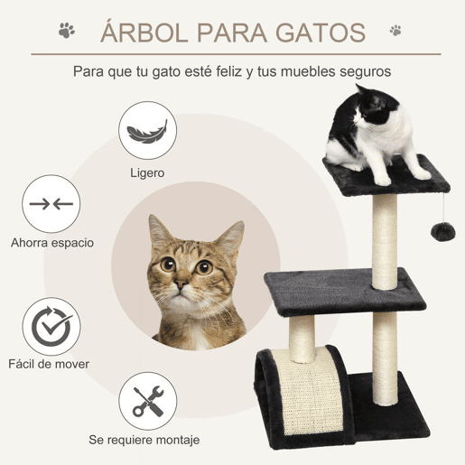 PawHut Árvore para Gatos Média, Arranhador de 3 Níveis com Tapete Arranhador em Arco, 2 Plataformas, Postes de Sisal e Bola Pendurada, Cinza Carvão