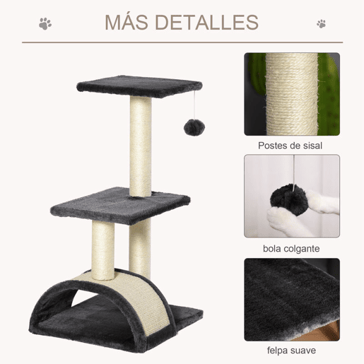 PawHut Árvore para Gatos Média, Arranhador de 3 Níveis com Tapete Arranhador em Arco, 2 Plataformas, Postes de Sisal e Bola Pendurada, Cinza Carvão