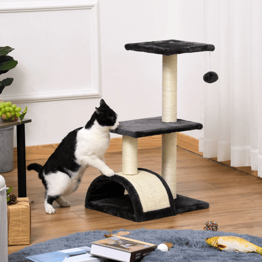 PawHut Árvore para Gatos Média, Arranhador de 3 Níveis com Tapete Arranhador em Arco, 2 Plataformas, Postes de Sisal e Bola Pendurada, Cinza Carvão
