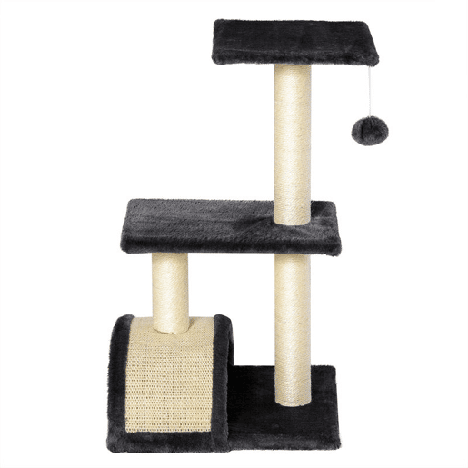 PawHut Árvore para Gatos Média, Arranhador de 3 Níveis com Tapete Arranhador em Arco, 2 Plataformas, Postes de Sisal e Bola Pendurada, Cinza Carvão