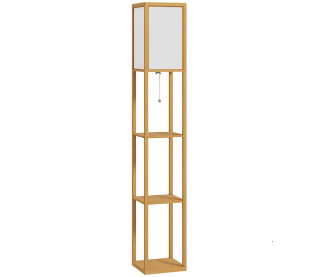 Homcom lámpara de pie con estantes de almacenaje, lámpara de madera moderna, bombilla e27, para salón, dormitorio, oficina, natural