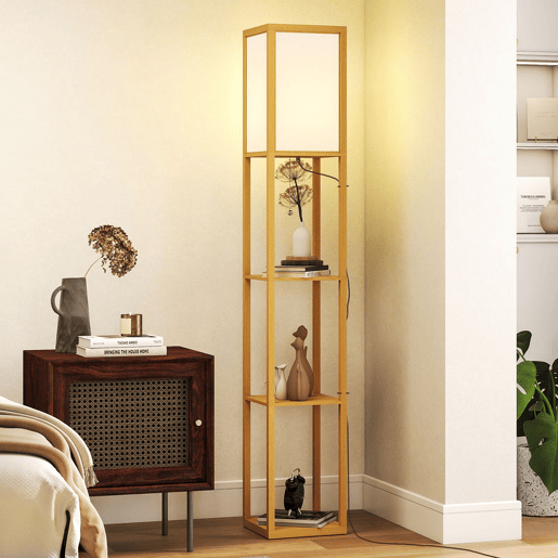HOMCOM Candeeiro de Pé de Madeira com 3 Prateleiras De Armazenamento para Lâmpada E27 Potência Máx. 40W Candeeiro Moderno para Sala de Estar Dormitório 26x26x160 cm Madeira e Branco