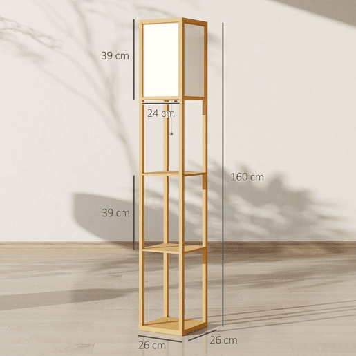 HOMCOM Candeeiro de Pé de Madeira com 3 Prateleiras De Armazenamento para Lâmpada E27 Potência Máx. 40W Candeeiro Moderno para Sala de Estar Dormitório 26x26x160 cm Madeira e Branco