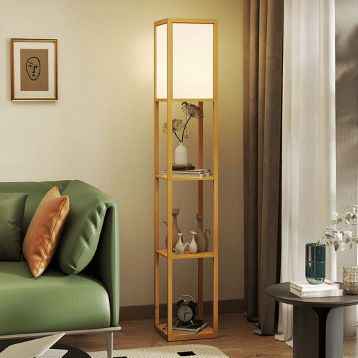 HOMCOM Candeeiro de Pé de Madeira com 3 Prateleiras De Armazenamento para Lâmpada E27 Potência Máx. 40W Candeeiro Moderno para Sala de Estar Dormitório 26x26x160 cm Madeira e Branco