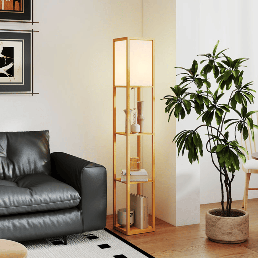 HOMCOM Candeeiro de Pé de Madeira com 3 Prateleiras De Armazenamento para Lâmpada E27 Potência Máx. 40W Candeeiro Moderno para Sala de Estar Dormitório 26x26x160 cm Madeira e Branco
