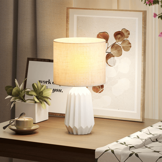 HOMCOM Candeeiro de Mesa com Base de Cerâmica e Ecrã de Linho Candeeiro de Mesa de Cabeceira Estilo Retro com Interruptor para Quarto Sala E27 40W Ø22x39 cm Branco e Bege