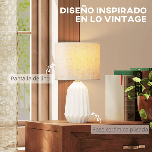 HOMCOM Candeeiro de Mesa com Base de Cerâmica e Ecrã de Linho Candeeiro de Mesa de Cabeceira Estilo Retro com Interruptor para Quarto Sala E27 40W Ø22x39 cm Branco e Bege