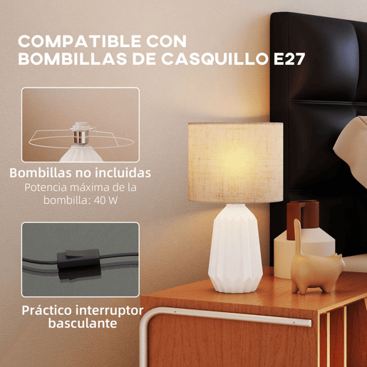 HOMCOM Candeeiro de Mesa com Base de Cerâmica e Ecrã de Linho Candeeiro de Mesa de Cabeceira Estilo Retro com Interruptor para Quarto Sala E27 40W Ø22x39 cm Branco e Bege