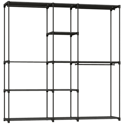 HOMCOM Armário para Roupas 182x43x185 cm Armário Aberto com 8 Prateleiras de Tecido Barras para Pendurar Estrutura de Metal para Quarto Sala Vestiário Preto