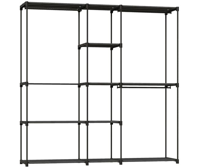 Homcom armario de ropa, perchero, 182x43x185 cm, armario abierto con 8 estantes de tela, barras para colgar, marco de metal, para dormitorio, salón,
