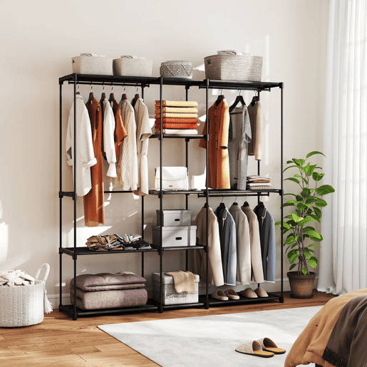 HOMCOM Armário para Roupas 182x43x185 cm Armário Aberto com 8 Prateleiras de Tecido Barras para Pendurar Estrutura de Metal para Quarto Sala Vestiário Preto