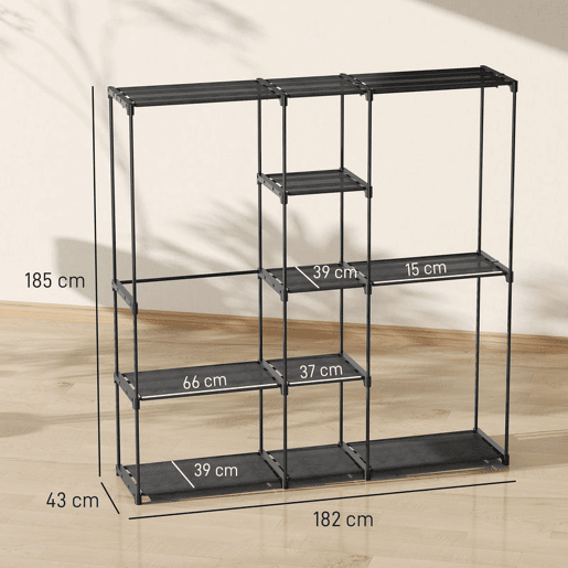 HOMCOM Armário para Roupas 182x43x185 cm Armário Aberto com 8 Prateleiras de Tecido Barras para Pendurar Estrutura de Metal para Quarto Sala Vestiário Preto