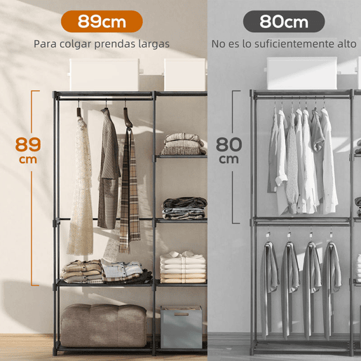 HOMCOM Armário para Roupas 182x43x185 cm Armário Aberto com 8 Prateleiras de Tecido Barras para Pendurar Estrutura de Metal para Quarto Sala Vestiário Preto