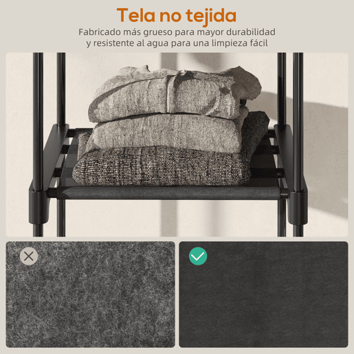 HOMCOM Armário para Roupas 182x43x185 cm Armário Aberto com 8 Prateleiras de Tecido Barras para Pendurar Estrutura de Metal para Quarto Sala Vestiário Preto