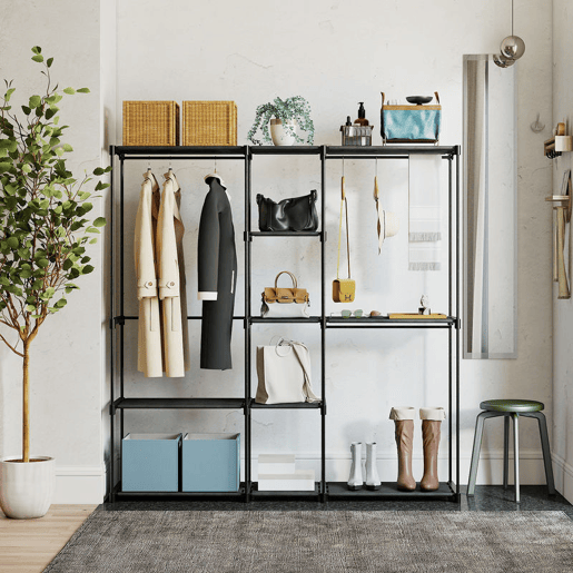 HOMCOM Armário para Roupas 182x43x185 cm Armário Aberto com 8 Prateleiras de Tecido Barras para Pendurar Estrutura de Metal para Quarto Sala Vestiário Preto