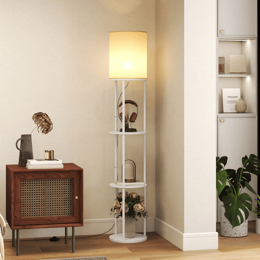 HOMCOM Candeeiro de Pé com Prateleiras Candeeiro com 3 Temperaturas de Cor Controlo Remoto Casquilho E27 para Sala de Estar Quarto Escritório Ø29x158 cm Branco