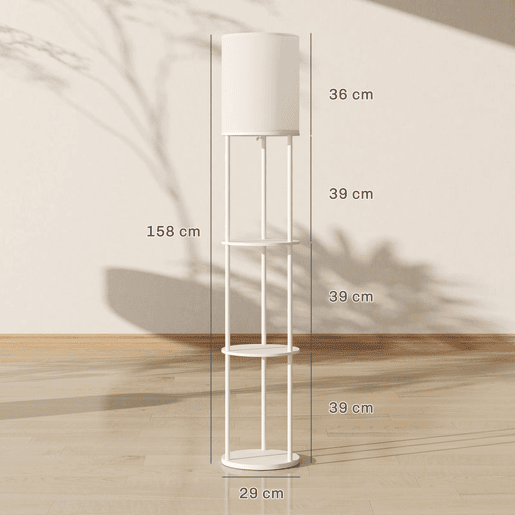 HOMCOM Candeeiro de Pé com Prateleiras Candeeiro com 3 Temperaturas de Cor Controlo Remoto Casquilho E27 para Sala de Estar Quarto Escritório Ø29x158 cm Branco