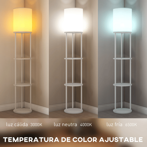 HOMCOM Candeeiro de Pé com Prateleiras Candeeiro com 3 Temperaturas de Cor Controlo Remoto Casquilho E27 para Sala de Estar Quarto Escritório Ø29x158 cm Branco
