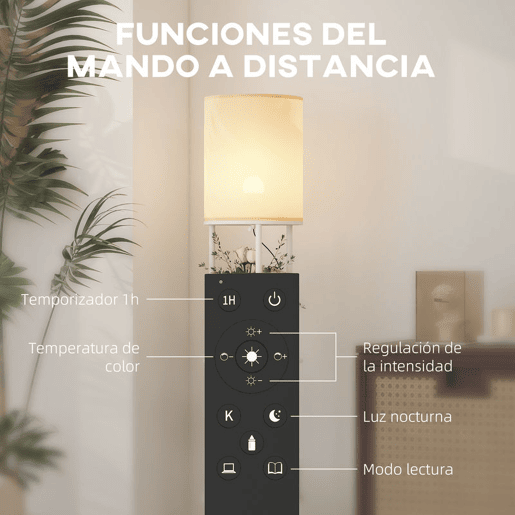 HOMCOM Candeeiro de Pé com Prateleiras Candeeiro com 3 Temperaturas de Cor Controlo Remoto Casquilho E27 para Sala de Estar Quarto Escritório Ø29x158 cm Branco