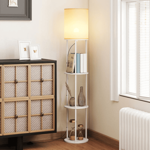 HOMCOM Candeeiro de Pé com Prateleiras Candeeiro com 3 Temperaturas de Cor Controlo Remoto Casquilho E27 para Sala de Estar Quarto Escritório Ø29x158 cm Branco