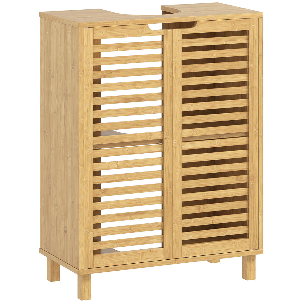Homcom mueble bajo lavabo, mueble de baño con 2 puertas de lamas de bambú, estante ajustable, para lavabos con o sin pedestal, 60x30x80 cm, natural