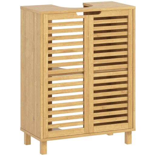 HOMCOM Móvel para Lavatório Pousar Móvel de Casa de Banho de Bambu com 2 Portas de Ripas Prateleira Ajustável para Lavatórios com ou sem Pedestal 60x30x80 cm Madeira