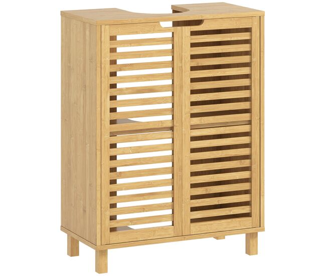 Homcom mueble bajo lavabo, mueble de baño con 2 puertas de lamas de bambú, estante ajustable, para lavabos con o sin pedestal, 60x30x80 cm, natural