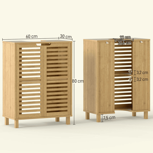 HOMCOM Móvel para Lavatório Pousar Móvel de Casa de Banho de Bambu com 2 Portas de Ripas Prateleira Ajustável para Lavatórios com ou sem Pedestal 60x30x80 cm Madeira