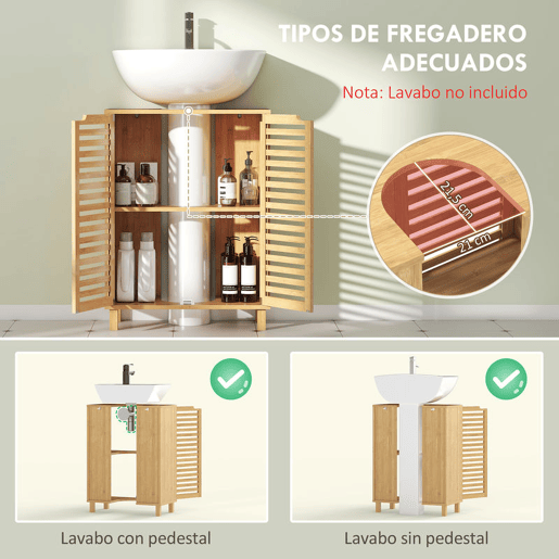 HOMCOM Móvel para Lavatório Pousar Móvel de Casa de Banho de Bambu com 2 Portas de Ripas Prateleira Ajustável para Lavatórios com ou sem Pedestal 60x30x80 cm Madeira