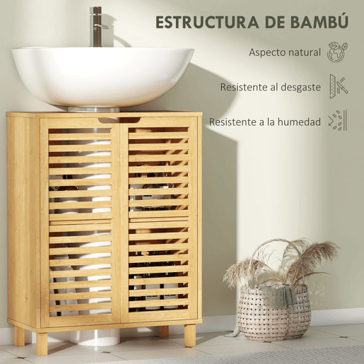 HOMCOM Móvel para Lavatório Pousar Móvel de Casa de Banho de Bambu com 2 Portas de Ripas Prateleira Ajustável para Lavatórios com ou sem Pedestal 60x30x80 cm Madeira