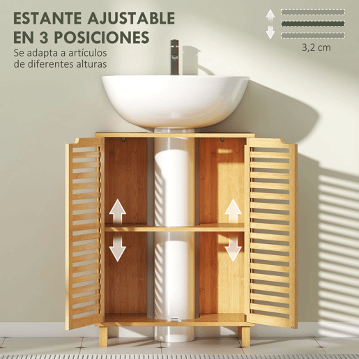 HOMCOM Móvel para Lavatório Pousar Móvel de Casa de Banho de Bambu com 2 Portas de Ripas Prateleira Ajustável para Lavatórios com ou sem Pedestal 60x30x80 cm Madeira